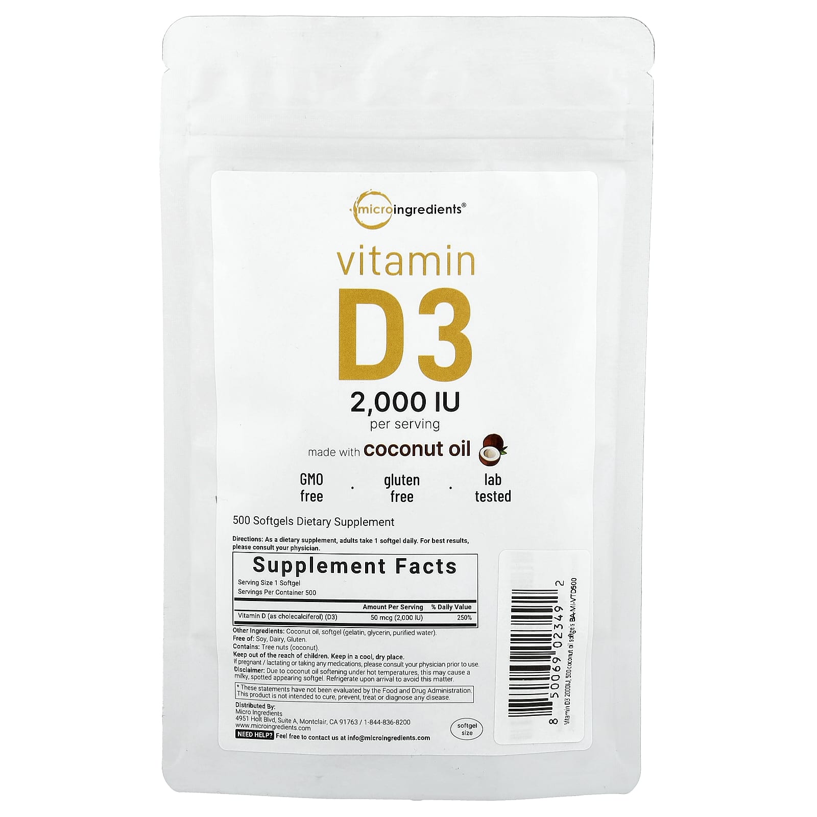 

Vitamin D3, 2,000 Iu, 500 Softgels
