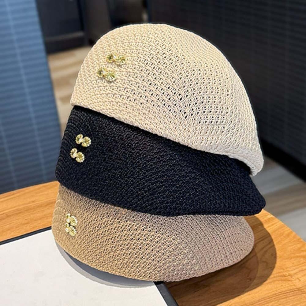 Korean Style Hollow Out Forward Cap Solid Color Vacation Beach Hat Woven Sun Beret Cap  Daily