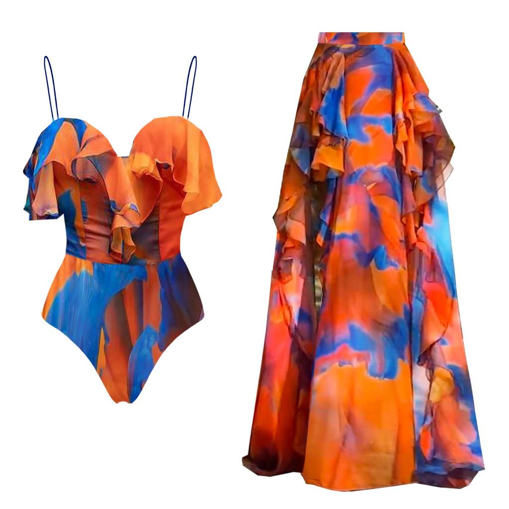 1011 European and American New Fast-selling Smudged Ruffle Leaf Edge One-piece Swimsuit Women's Vacation Suit Beach Skirt