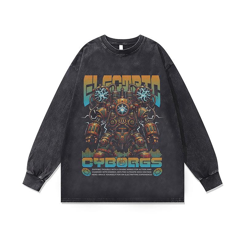 Dark Cartoon Direct Injection Printing Washed Long-Sleeved T-Shirt Men'S And Women'S American Retro Bottoming Shirt Top