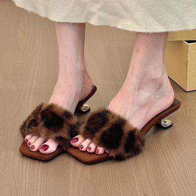 2026 New Fur Women Slippers Square Toe Shoes Elegant High Heels Woman Pumps Winter Designer Sexy Dress Party Shoes Mujer Botas