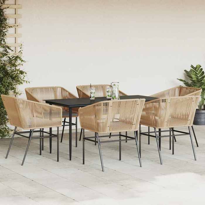 VidaXL Ensemble à manger jardin coussins 7pcs marron poly rotin verre 3334524