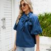 Retro Loose Neckline Lace-up Denim Shirt Bow Top Women