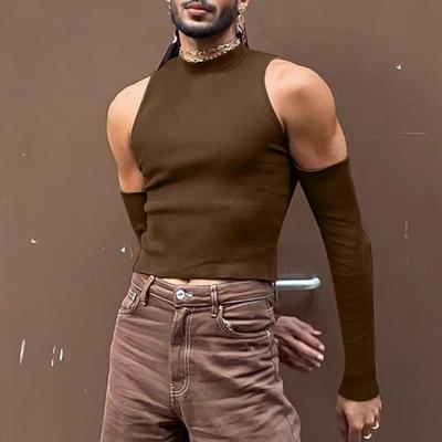 Schulterfrei Langärmliges Lässiges Basic-Shirt Hoher Kragen Ausgehöhlt Sexy Herren T-Shirts