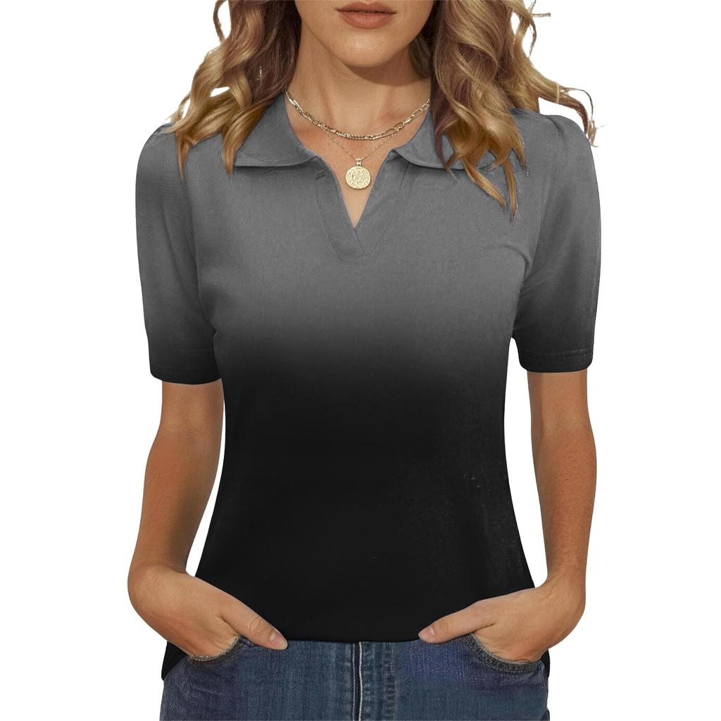 Women V Neck Short Sleeve Gradient Top Casual Loose Fit Shirt Lightweight Soft Fabric Blouse for Daily Office Wear