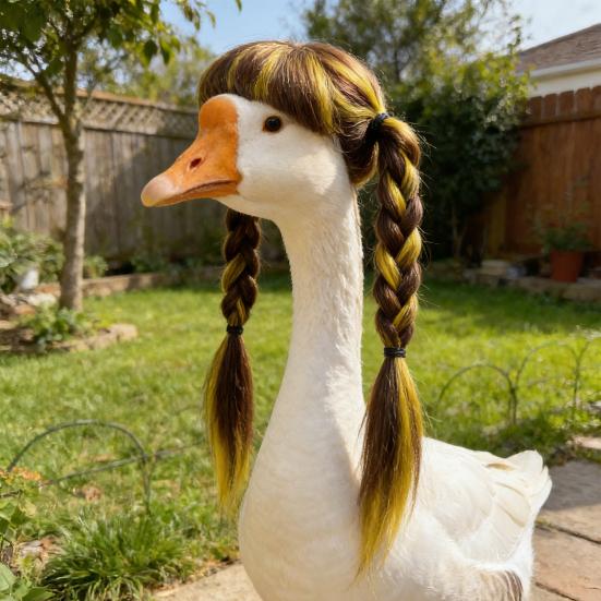 Porch Goose Wig Cute Goose Statue Braid Wig Funny Double Braids with Adjustable Elastic Band for Lawn Goose Statue Yard Garden Outdoor Decoration