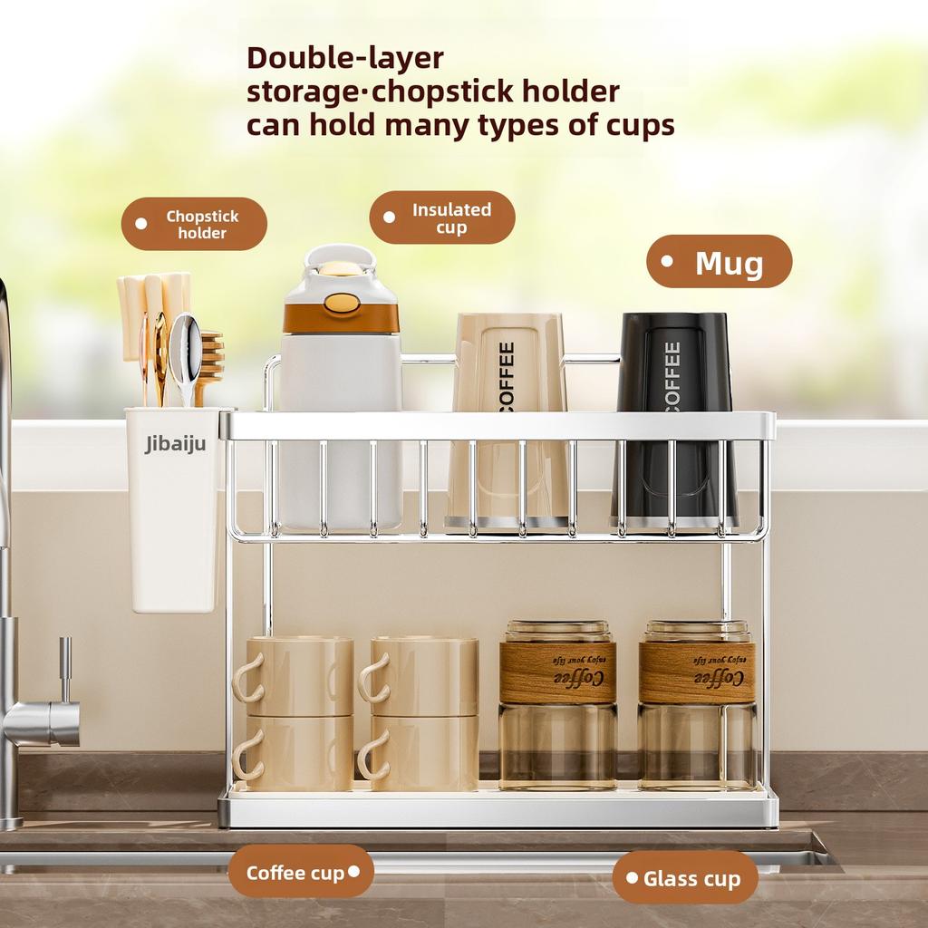 Double-Layer Desktop Cup Holder Household Inverted Drainage Rack Tea Set And Tea Cup Storage Organizer Kitchen Accessories