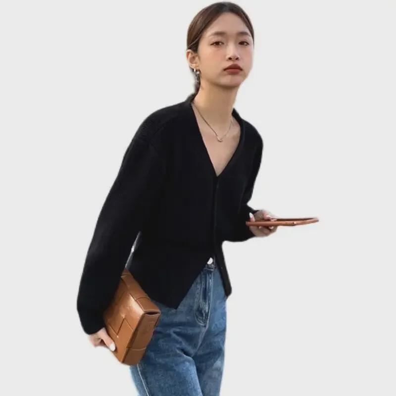 Cardigan fendu à col en V pour femme 2023 - Haut tricoté chic coréen début printemps/automne