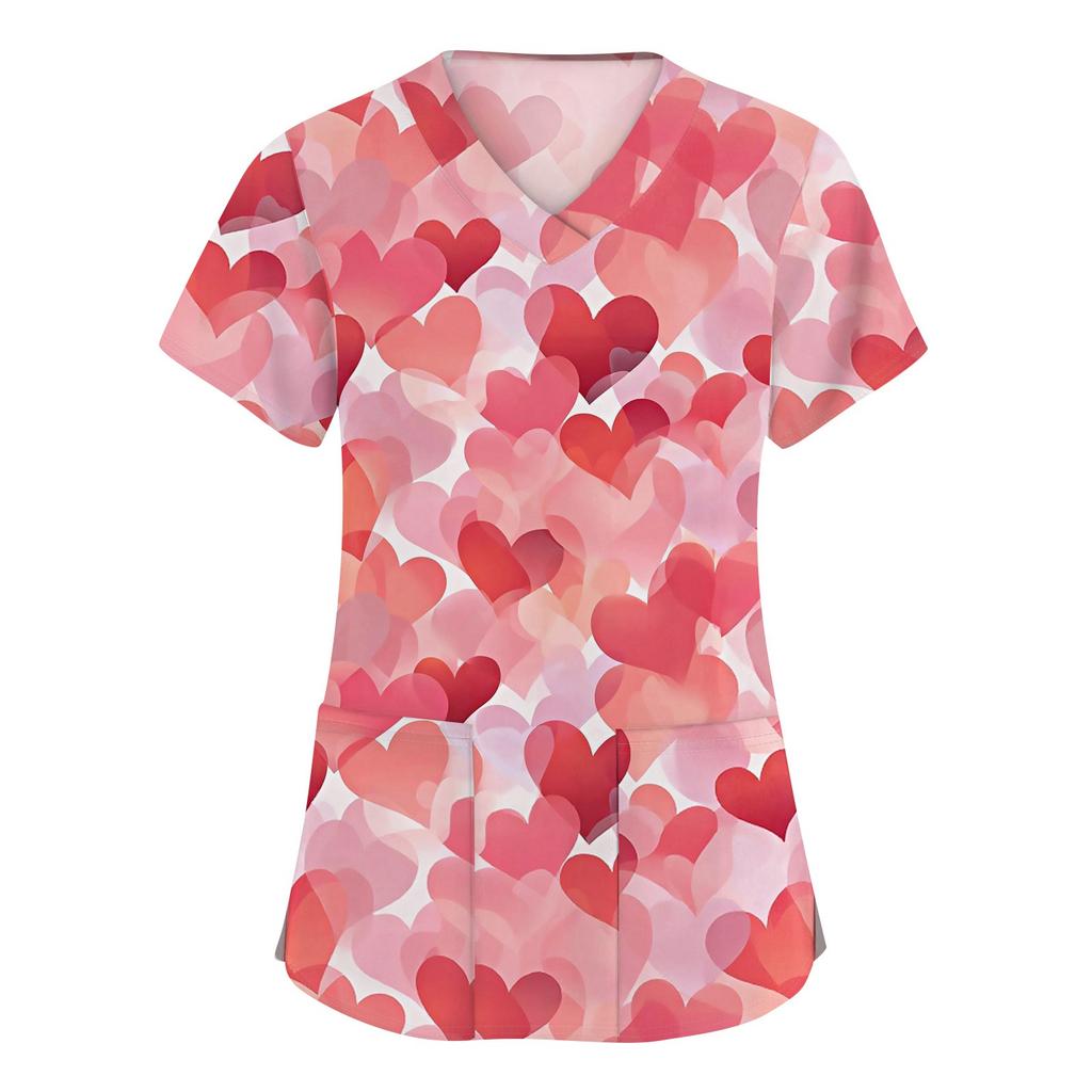 Abbigliamento da lavoro a maniche corte con scollo a V alla moda da donna con top stampati con tasche