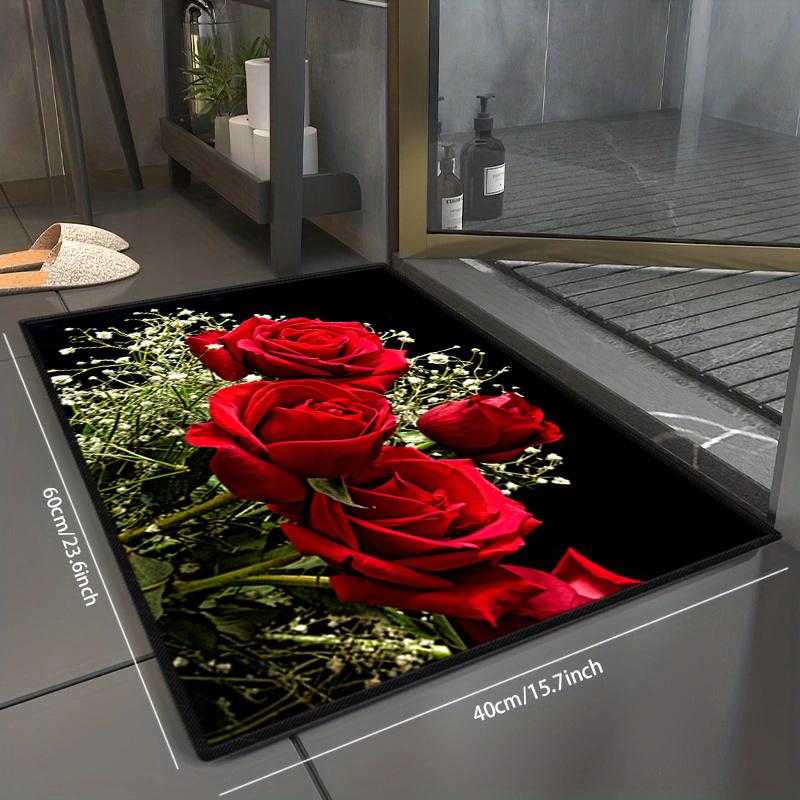 1Pcs Rose Pattern Floor Mat Modern Kitchen Polyester Rug Non-Slip Colorful Indoor Carpet, For Home Bathroom Bedroom Living Room Decor KTJ
