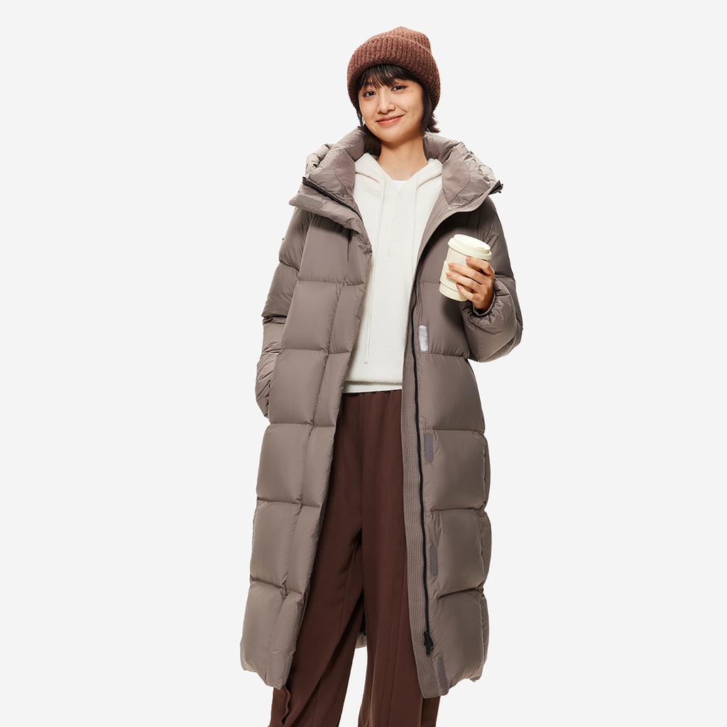 Li Ning Hot Pot Down Series Loose Hooded Solid Color Outdoor Cold Resistant Casual Warm Long Down Jacket Women Outerwear Tree-Gray Brown AYMU232-8