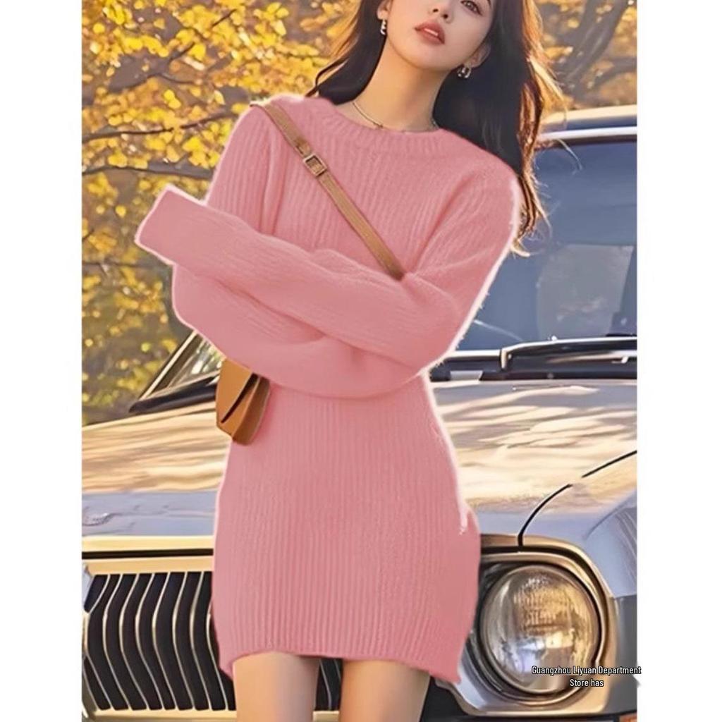 Elegant Mid-Length Knitted Wool Dress: Slim-Fitting, Figure-Flattering, Perfect for Autumn & Winter