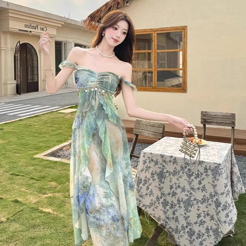 Women's Summer Tie-Dye Spaghetti Strap Dress with Ruffle Waist