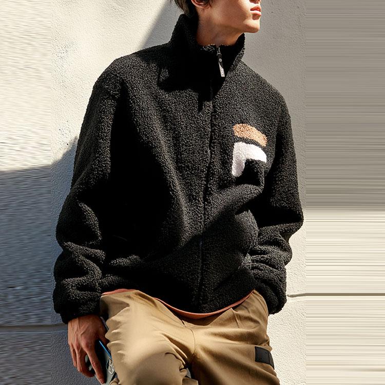 FILA Logo Casual Sports Warm Stand Collar Faux Lamb Wool Jacket Men Jacket Black F11M149505FBK
