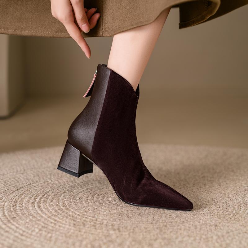 Fashion 2024 New Autumn Sheep Suede Women Boots Pointed Toe Chunky Heel Boots for Women Winter Short Boots Genuine Leather Ladies Shoes