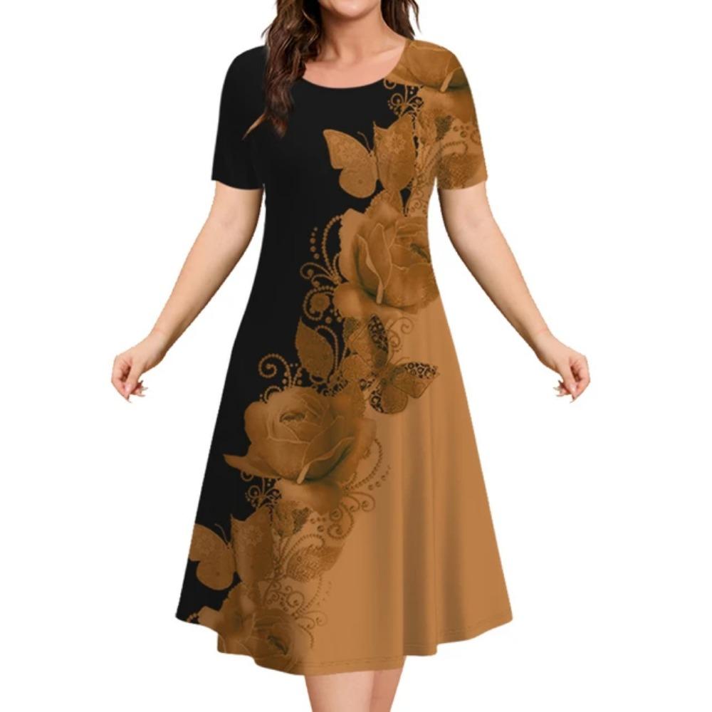 Estampa floral feminina elegante vestido midi, roupas femininas de manga curta extragrande, moda verão, 2024