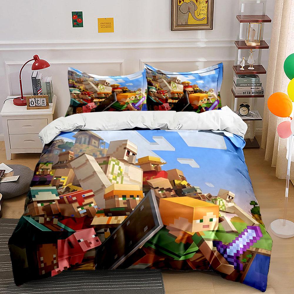 Pixelated Minecraft characters scene. Bedding sets Duvet cover sets Duvet covers Pillowcases(1 * Duvet Cover 2 * Pillowcases without duvet insert) 135x200cm