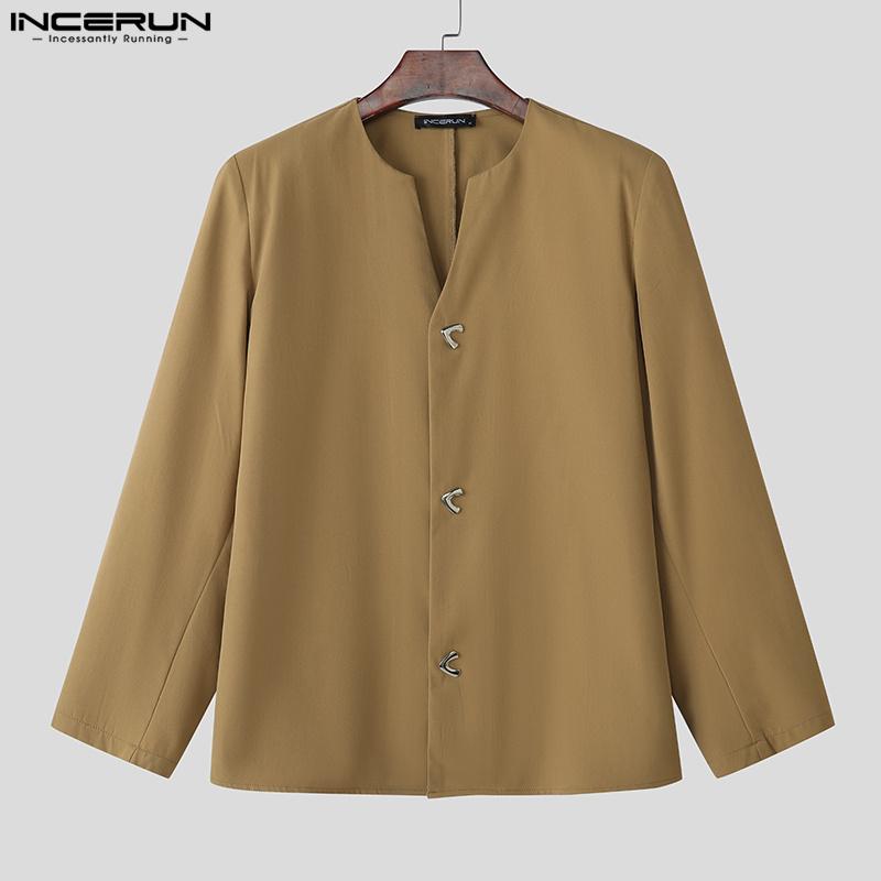 INCERUN Plus Size Men Collarless Long Sleeve Buttons Down Casual Loose Oversized Shirts