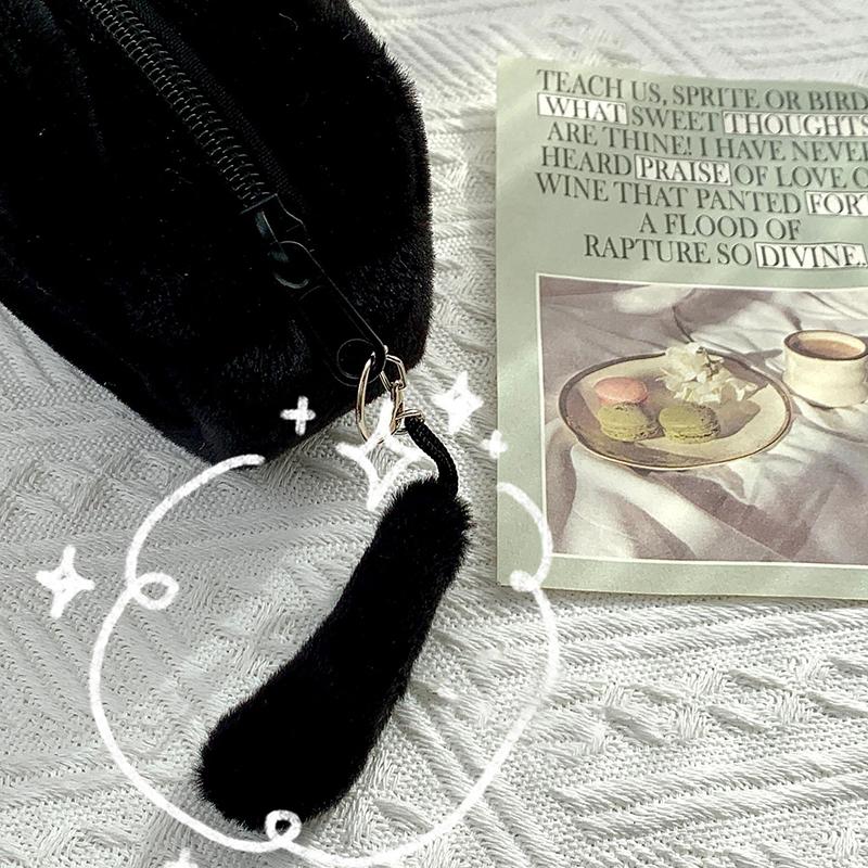 Jednoduchost Černá plyšová pouzdro na tužky pro kočky Taška na tužky Vysokokapacitní papírnictví Školní úložná taška pro studenty Kosmetická úložná taška