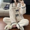 Women's Thickened Winter Coral Fleece Pajamas: Fleece-Lined Bow Knot Cardigan Set for Indoors and Outdoors