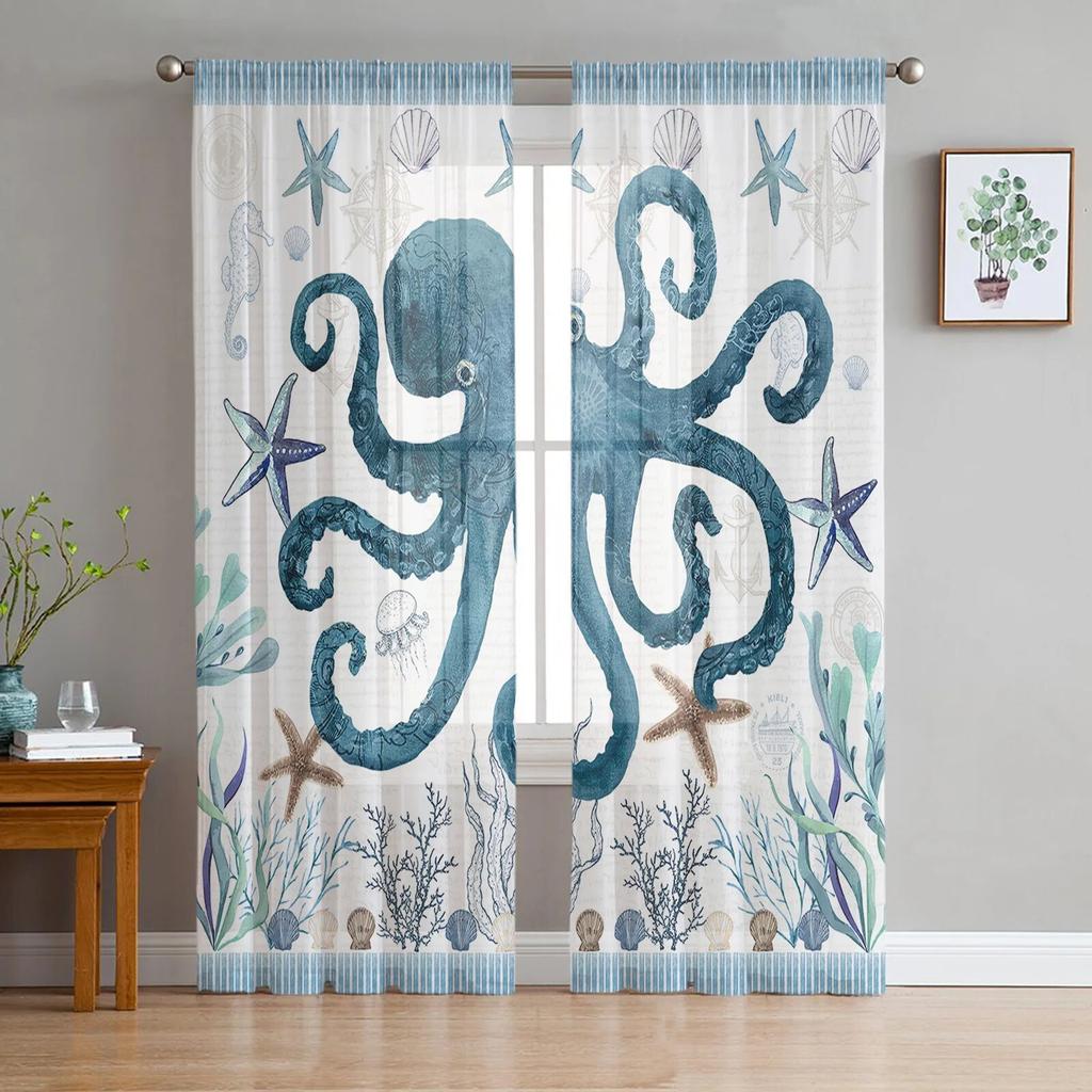 Cartoon Fish Tulle Sheer Window Curtains for Living Room Kitchen Children Bedroom Voile Hanging Curtain