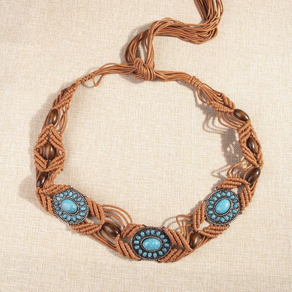 New Middle Eastern Boho Alloy Turquoise Resin Beads Weaving Knotted Ethnic Style Women's Waist Rope