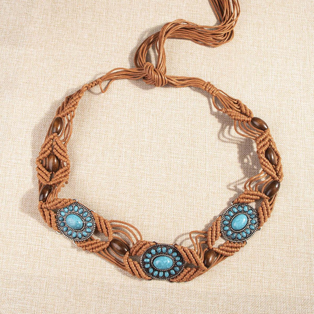 

Ethnic Style Waist Rope Middle Eastern Boho Alloy Turquoise Resin Bead Weaving Knotted Women s Waist Rope