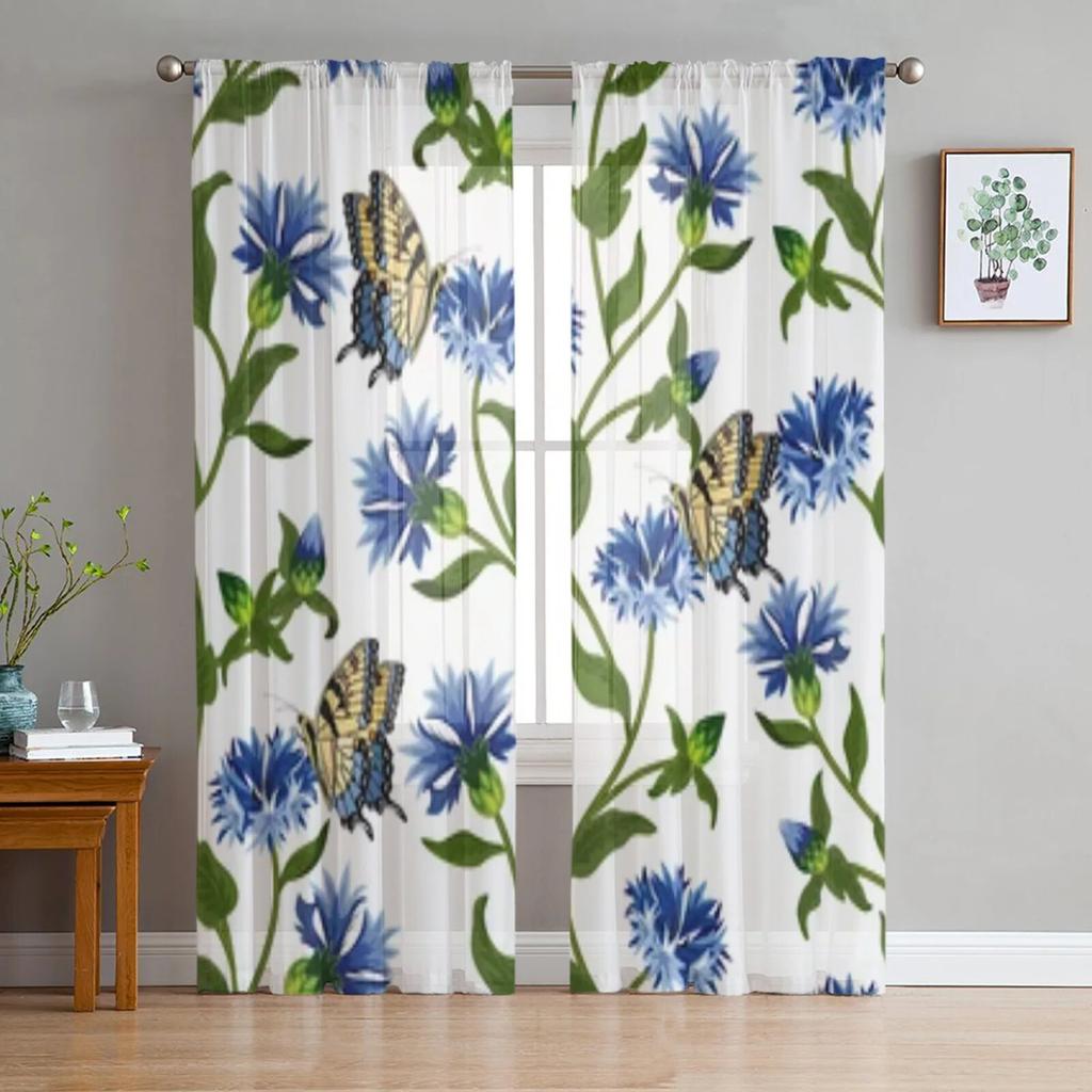 Helle Kornblumen und Schmetterlinge Tüll-Fenstervorhang für Wohnzimmer Schlafzimmer Voile Gardinen Küchenbehandlungen Vorhänge