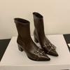 2025 Autumn and Winter Pointed Belt Buckle Thick Heel Short Boots Women's European and American Style High Heel Rear Zipper Super Soft Leathe