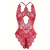 Sexy Crotchless Red Lingerie Women Lace Hollow Bodysuit Erotic Pajamas Babydoll Dress Deep V Open Bra Porn Underwear Set