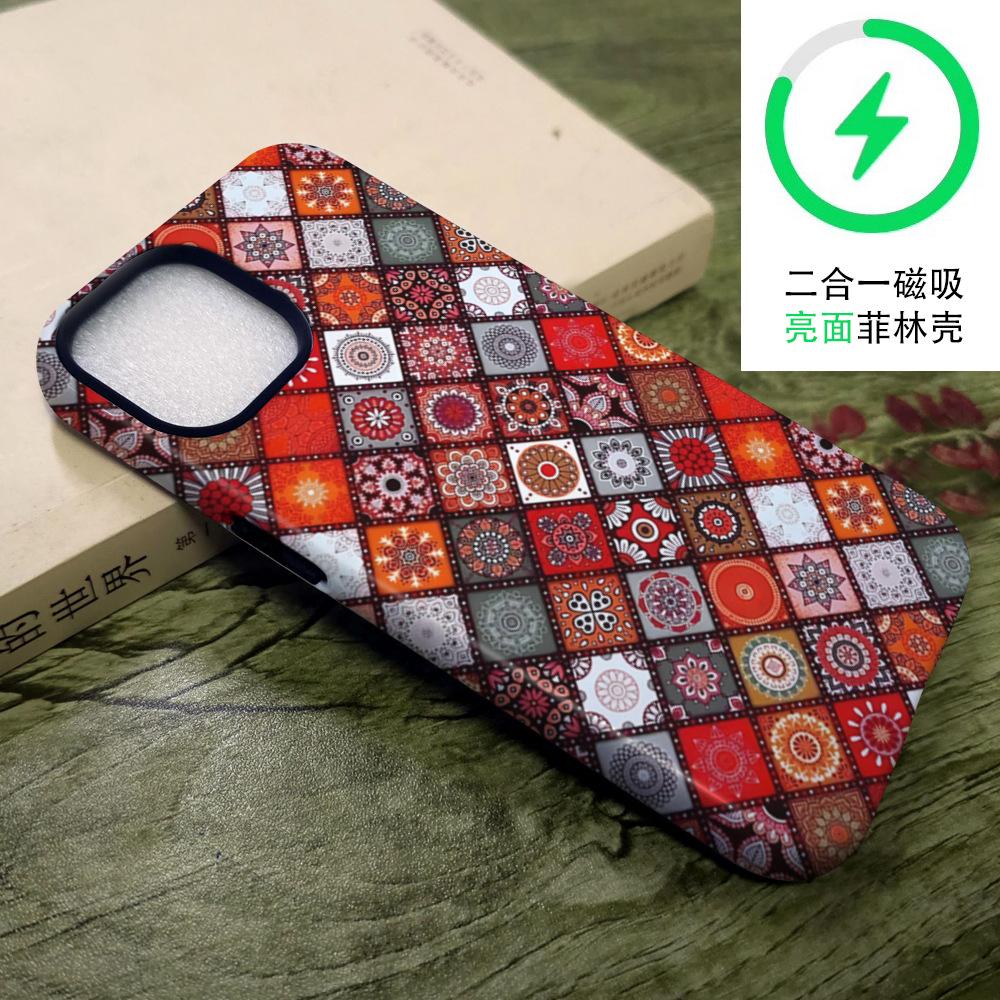 Retro Totem Checkerboard 2-in-1 Mobile Phone Case iPhone16 Matte Magnetic Film Case Apple 17 Mobile Phone Case