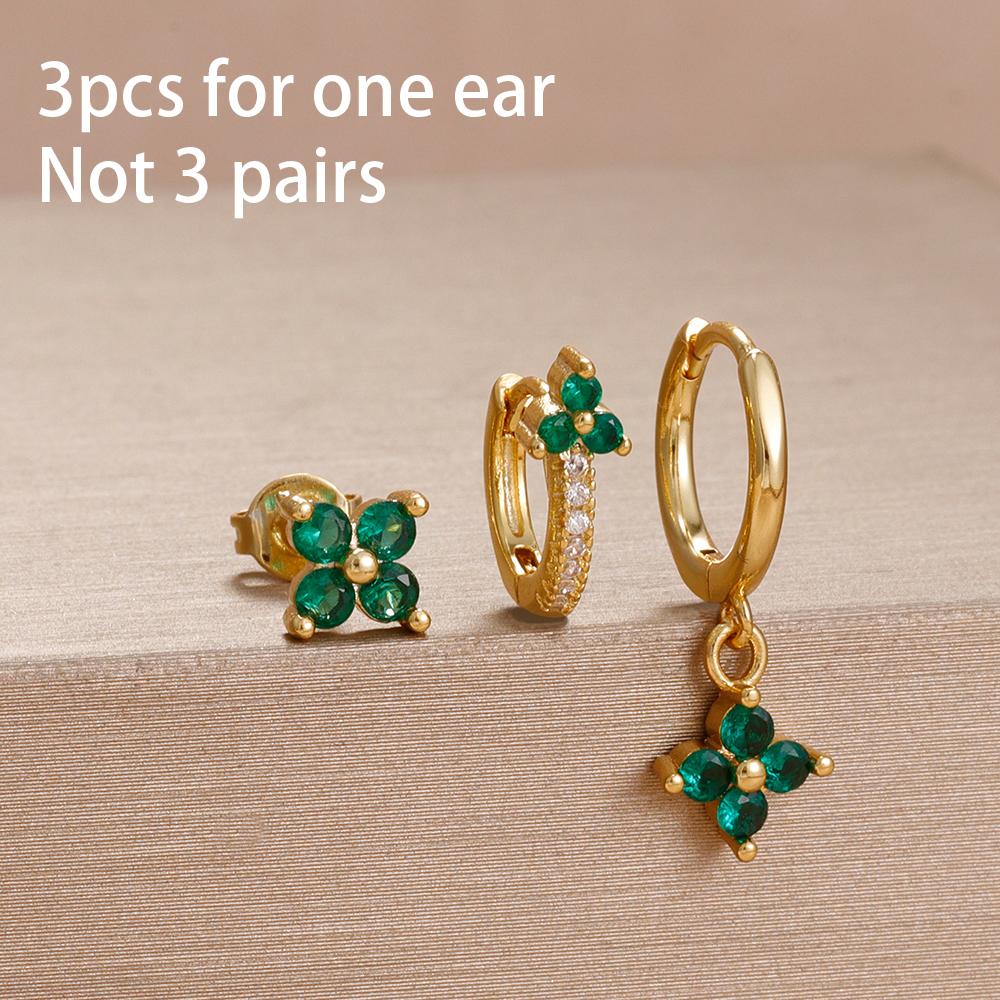3PCS 12 Styles Green Cubic Zirconia Flower Pendant Earring Set For Women Stainless Steel Round U-Shape Hoop Earring Jewelry