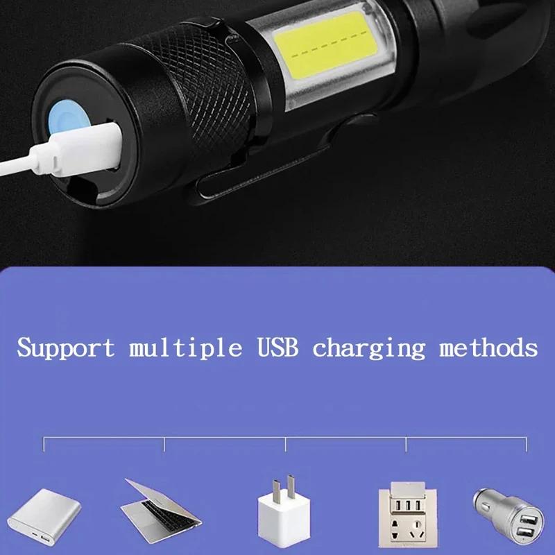 Mini LED Flashlight COB+XPE Portable Torch USB Charging Camping Lantern Zoomable Focus Light Tactical Flashlight with Pen Clip