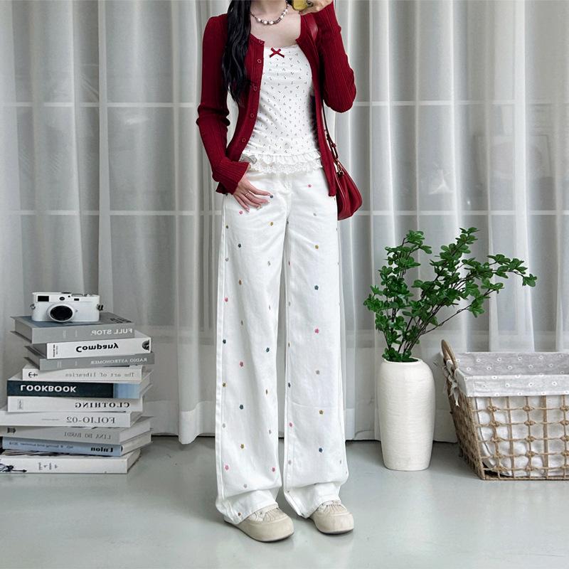 

2025 Autumn Women s Cream Floral Embroidered High-Waist Loose Floor-Length Trousers 2XL кремовый/белый