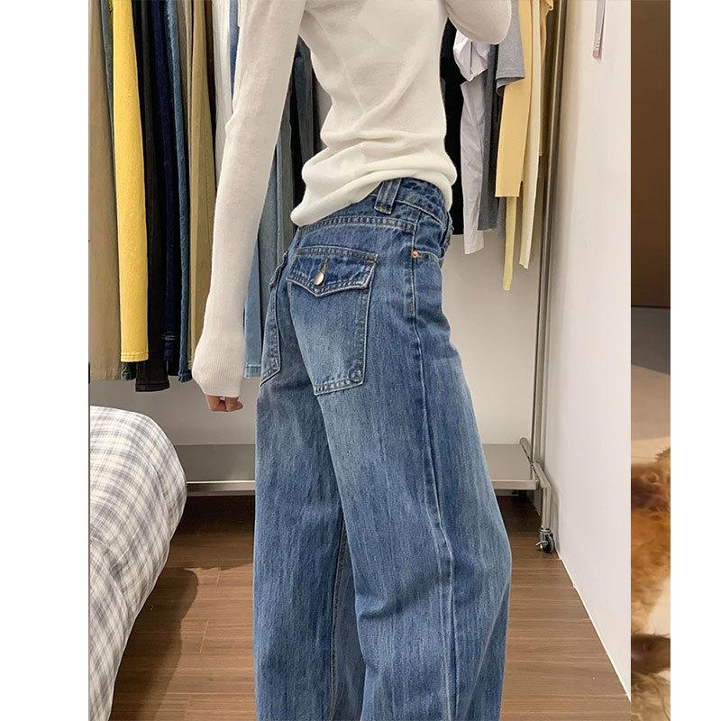 Retro Blue Straight Jeans Women s Autumn and Winter New American Retro Low Waist Loose Floor-Mopping Pants S синий