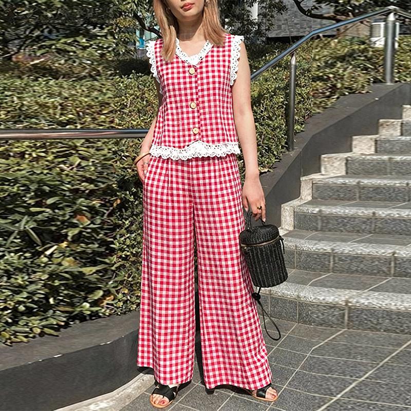 ZANZEA Women Sleeveless Tank Tops and Pants Summer Plaid Print Two Piece Suit Sets