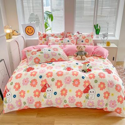 Kawaii Bunny Duvet Cover Set Botanical Floral Mushroom Rabbit Print Comforter Cover 4 Pcs Soft Washed Cotton Cartoon Bedding Set