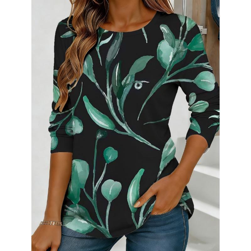 Women's purple floral print long-sleeved loose-fitting round neck top, casual everyday style with an elegant design.