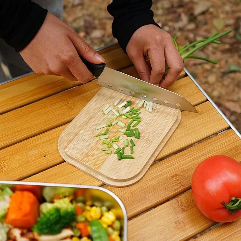 304 Stainless Steel Lunch Box Portable Lunch Box Outdoor Camping Cooking Wooden Cutting Board Wild Box Tableware Grain Container