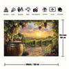 One 2D flat background of a vineyard at sunset, with wine barrels, the glow of the setting sun and grapevines - polyester