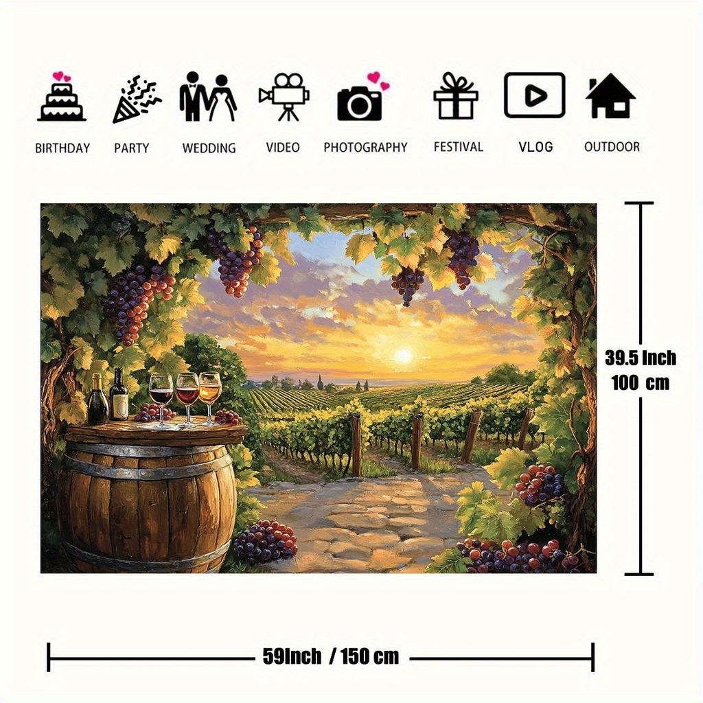 One 2D flat background of a vineyard at sunset, with wine barrels, the glow of the setting sun and grapevines - polyester