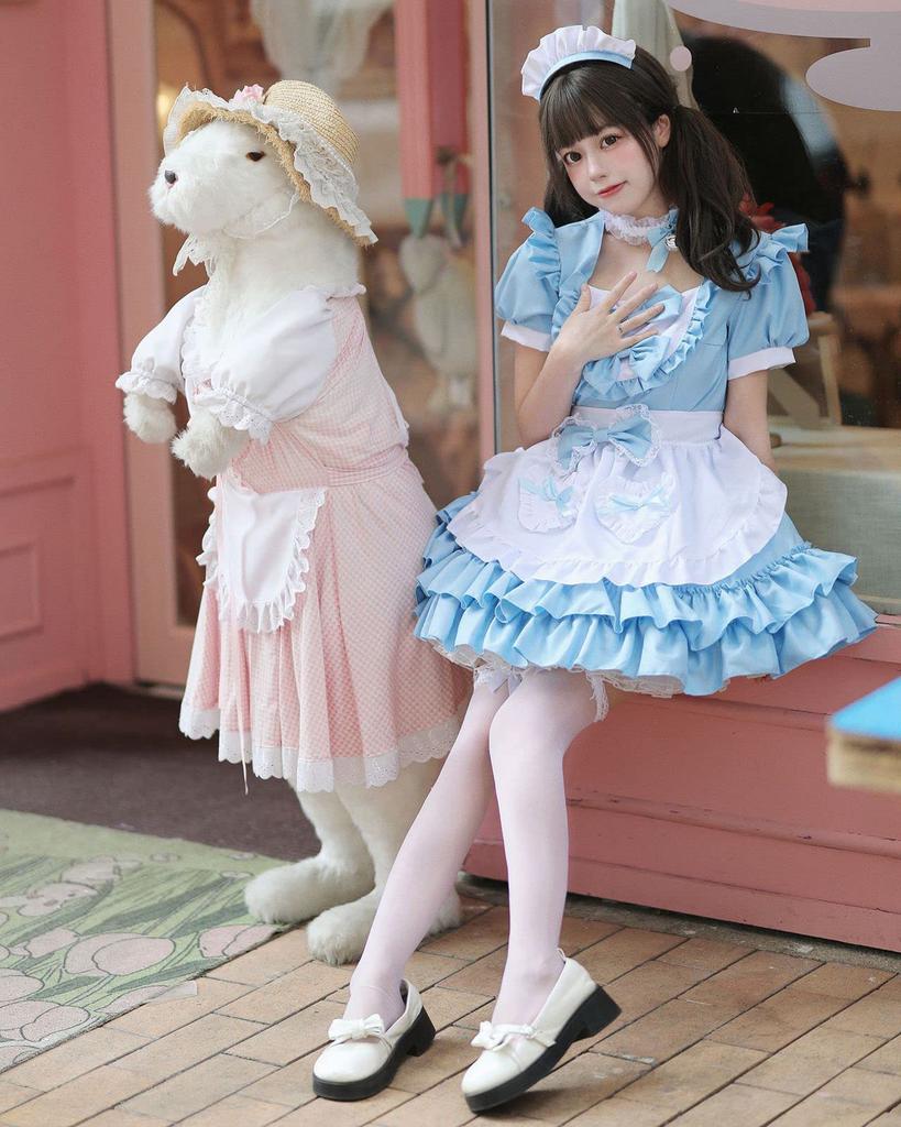 Milky Time Women's Lolita Maid Cosplay Dress, Short Sleeves, Ribbon, 4 Colors (Blue)