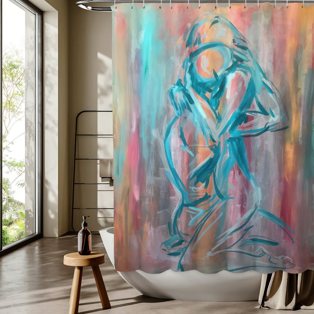 1pc Artistic Abstract Figure Shower Curtain, Digital Print, Machine Washable,Suitable for All Seasons, Bathroom Decor