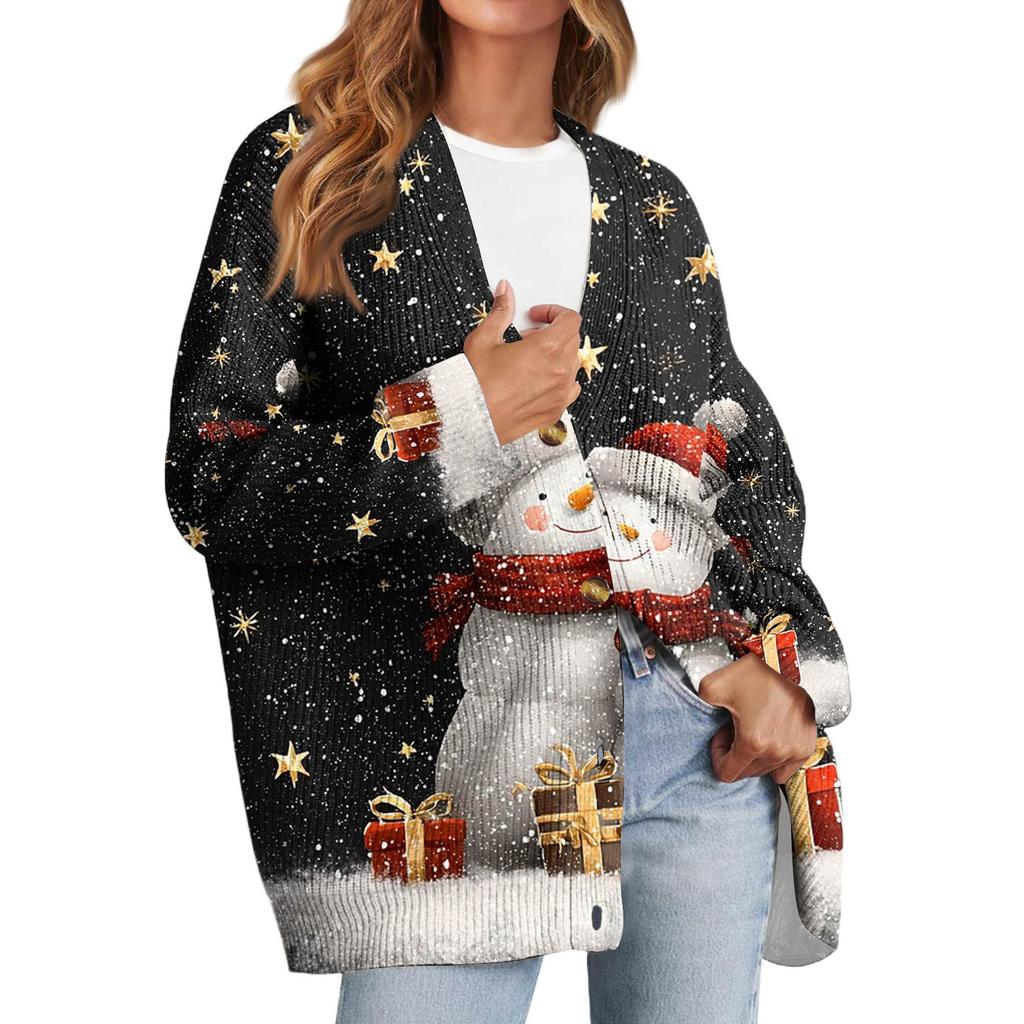 Women's Fashion Long Sleeve Christmas Print V-Neck Button Loose Cardigan Top