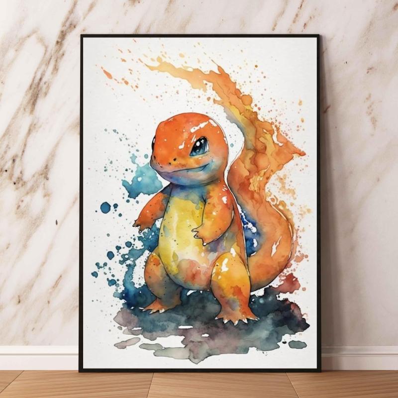 Watercolor Pokemon Decorative Paintings - Pikachu  Eevee Squirtle  Charmander  Bulbasaur Anime Art for Home Wall Decor