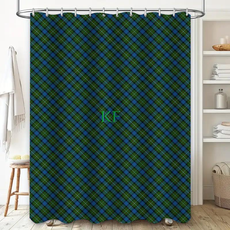 Blue Green Plaid Shower Curtain Custom Monogrammed Bath Decor Waterproof Liner For Home Bathroom Wedding Housewarmi