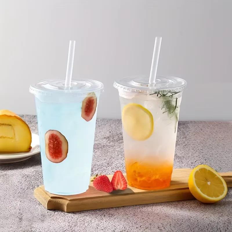 1-100PCS Disposable Plastic Cups with Lids for Ice Coffee Cold Drinks Plastic Cups Home Restaurant Drink Shop Party Picnic Party