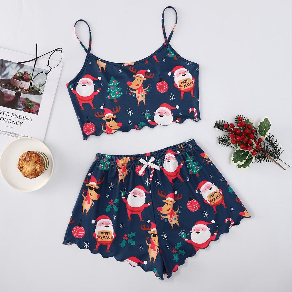 Christmas Style Milk Silk Camisole and Shorts Two-Piece Pajama Set