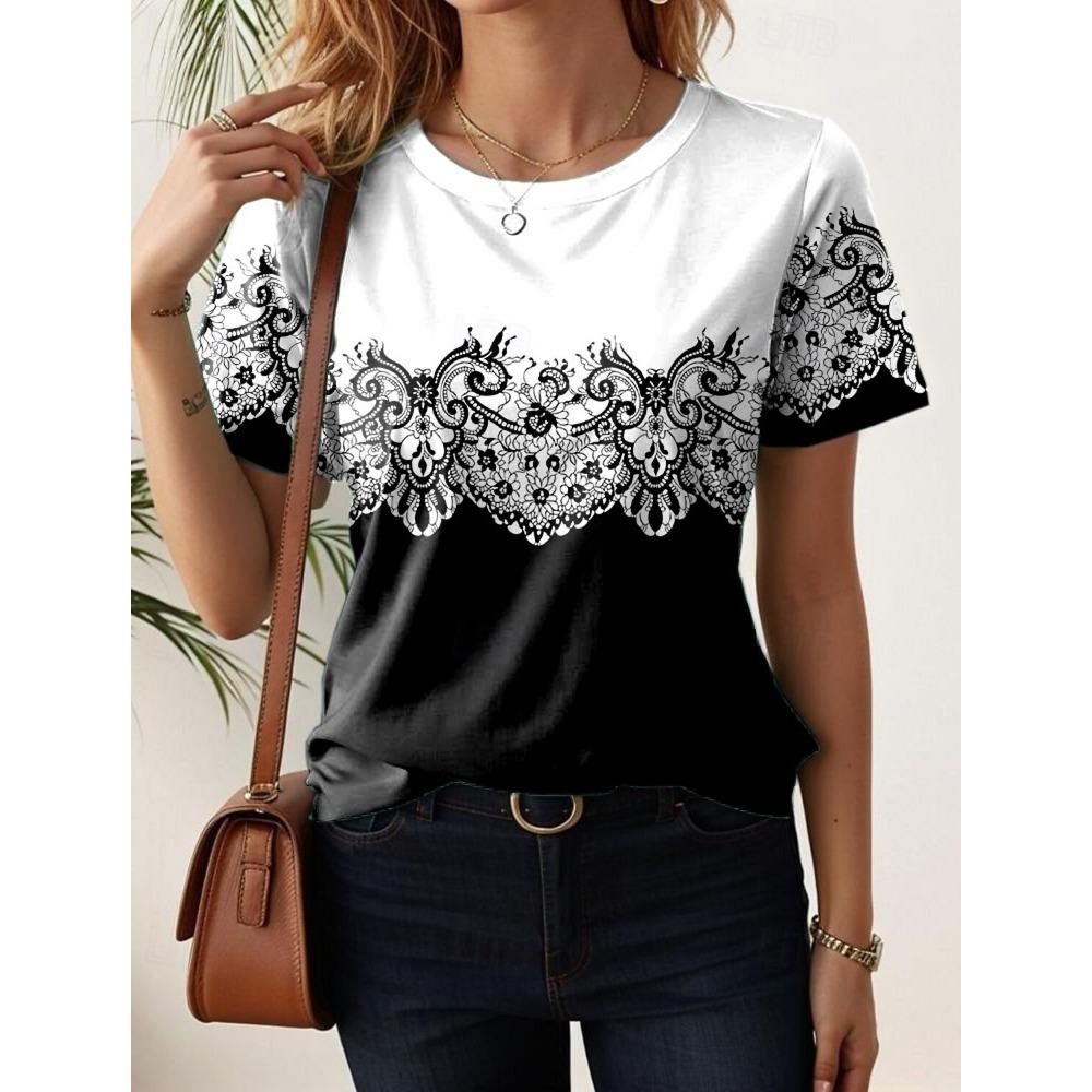 Summer women's T-shirt, fashionable with floral patterns, classic and elegant round neck short sleeved T-shirt, regular round neck T-shirt