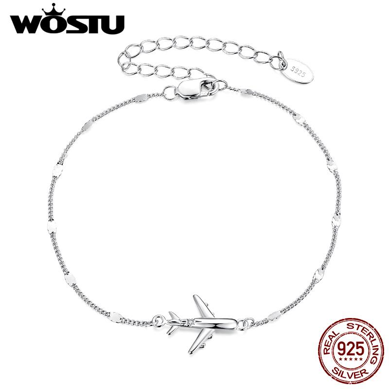 WOSTU 925 Sterling Silver Airplane Bracelet Travel Jewelry for Women Original Cute Plane Charm Bracelet Minimalist Gift for Her